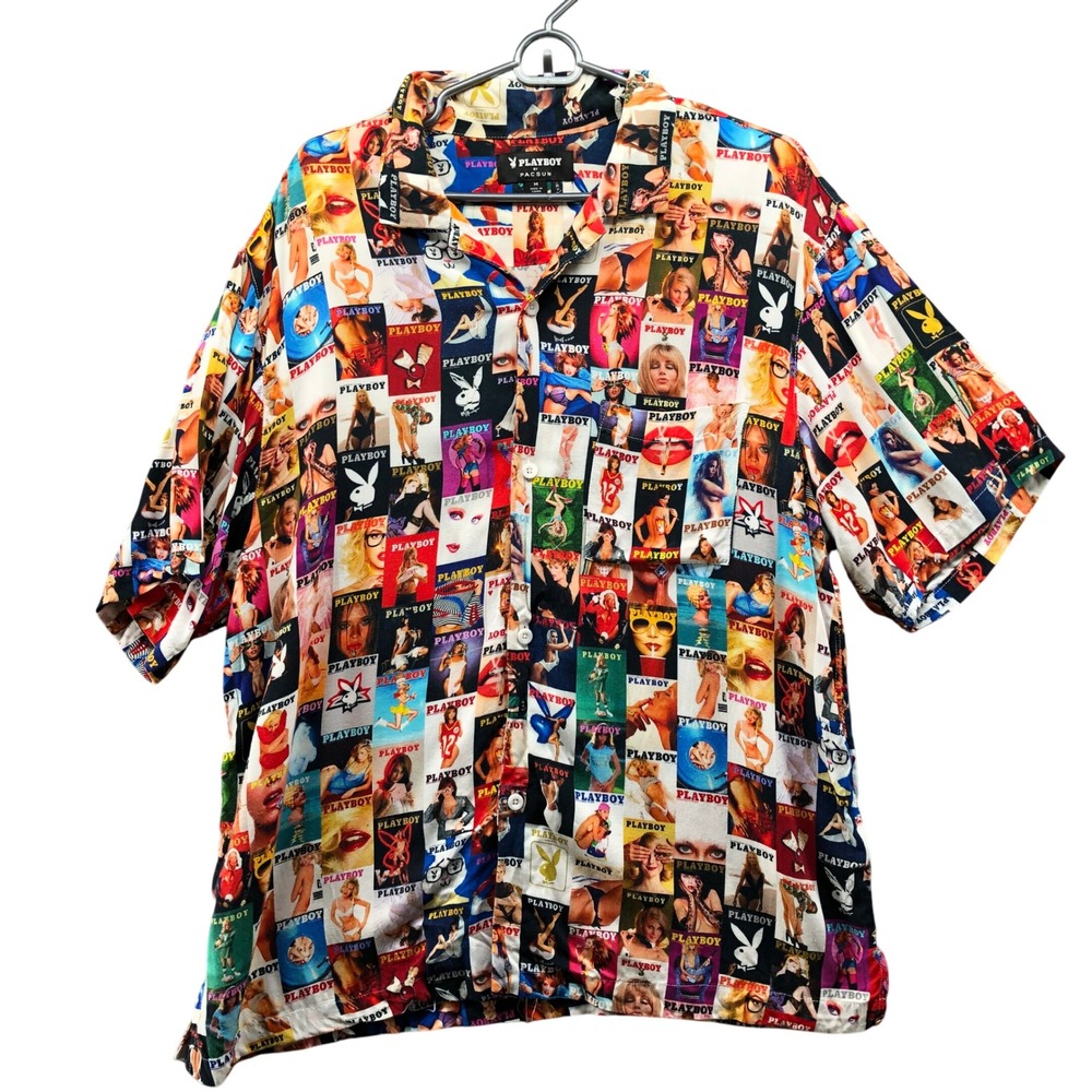 Playboy PacSun AOP Magazine Cover Camp Shirt Mens M Pinup Retro Streetwear